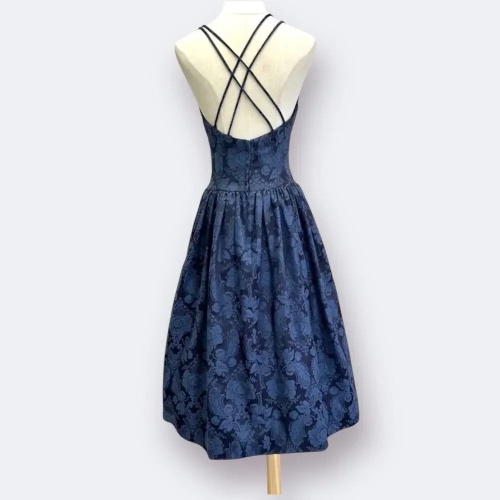 Gunne Sax vintage 80s navy brocade tea length‎ formal/party dress size 7/8 - Picture 2 of 16